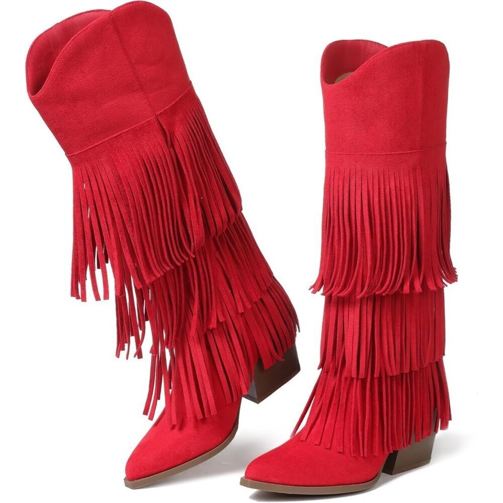 Women's Red Retro Pointed Toe Knee High Pull On Block Chunky Heel Fringe Boots